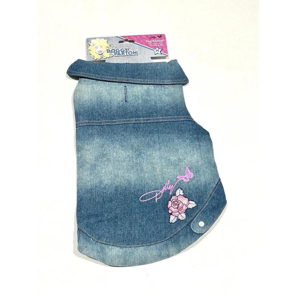 NEW Doggy Parton Dog Apparel Jean Collared Shirt Blue with Rose Embroider Medium